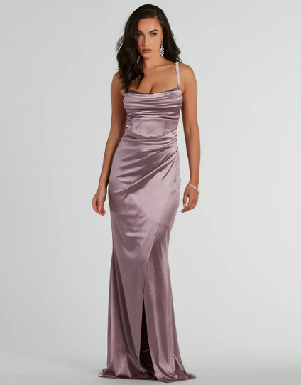 Sam Faux Pearl Strap Mermaid Satin Formal Dress